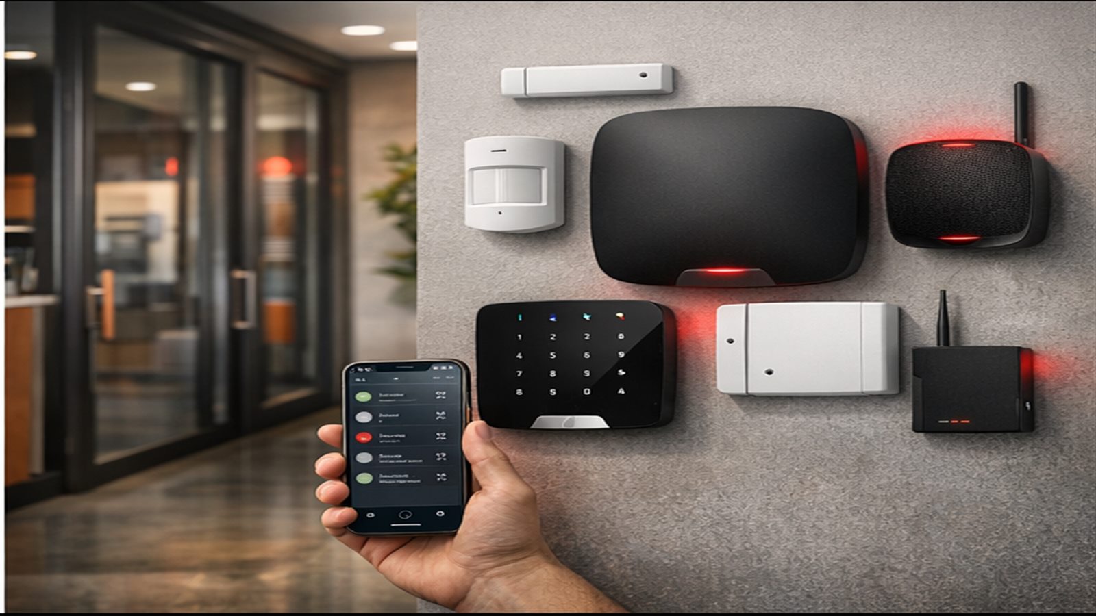 Sistema de alarma comercial con panel, teclado, sensores, sirena y comunicador 4G